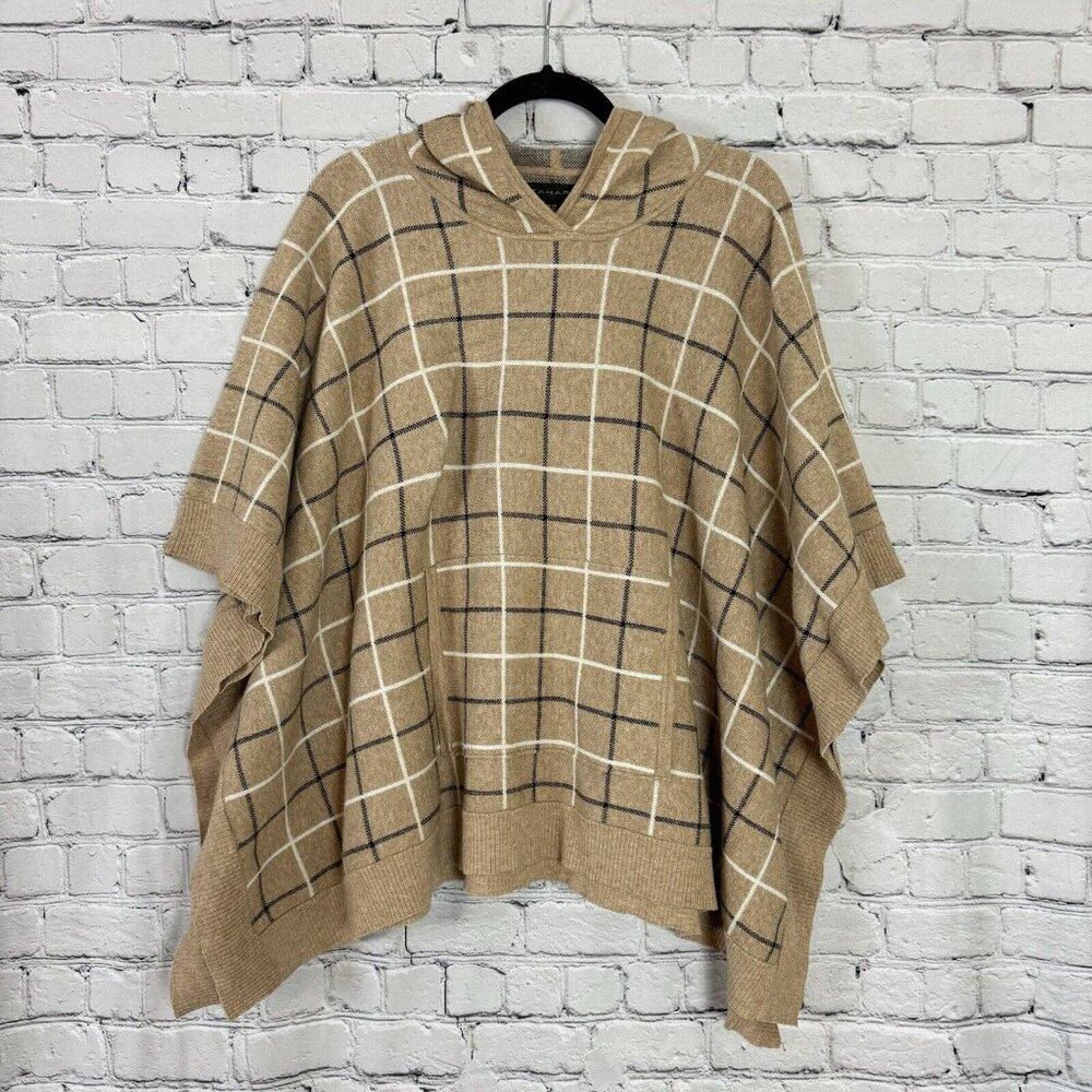 Tahari Window Pane Knit Pullover Hooded Poncho Sweater Womens One Size Beige